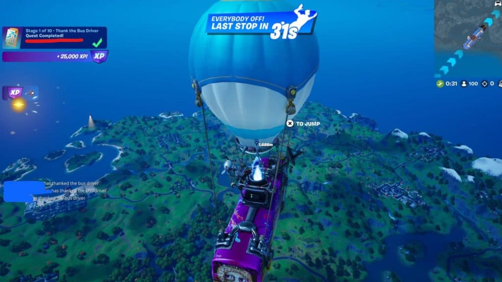 A screenshot of the 'Thank the Bus Driver' daily quest being completed in Fortnite taken on PS5.