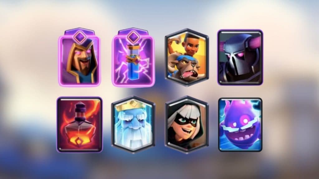 A custom image of the cards in the Ram Rider Ghost P.E.K.K.A Clash Royale deck.