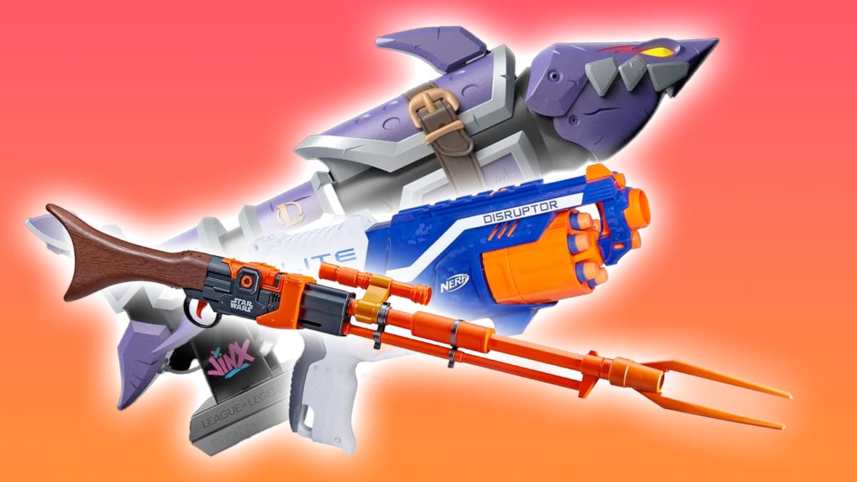 nerf guns on an orange graident background