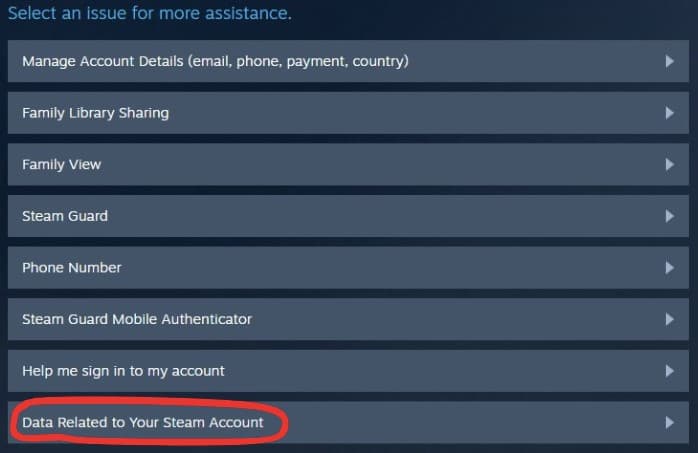 An image of the Steam menu with the 'Data related to your Steam account' option highlighted.