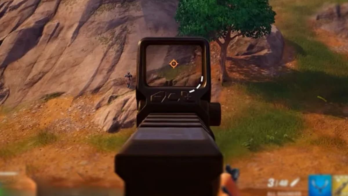 Fortnite player aiming down sight of their weapon using a sight attachment in Chapter 5.