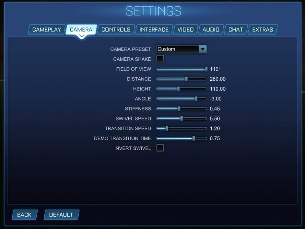 A screenshot of Rocket League's camera settings, including FoV, camera shake, and more.