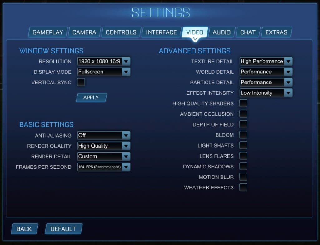 A screenshot of Rocket League's best graphics settings, including texture details and render quality.