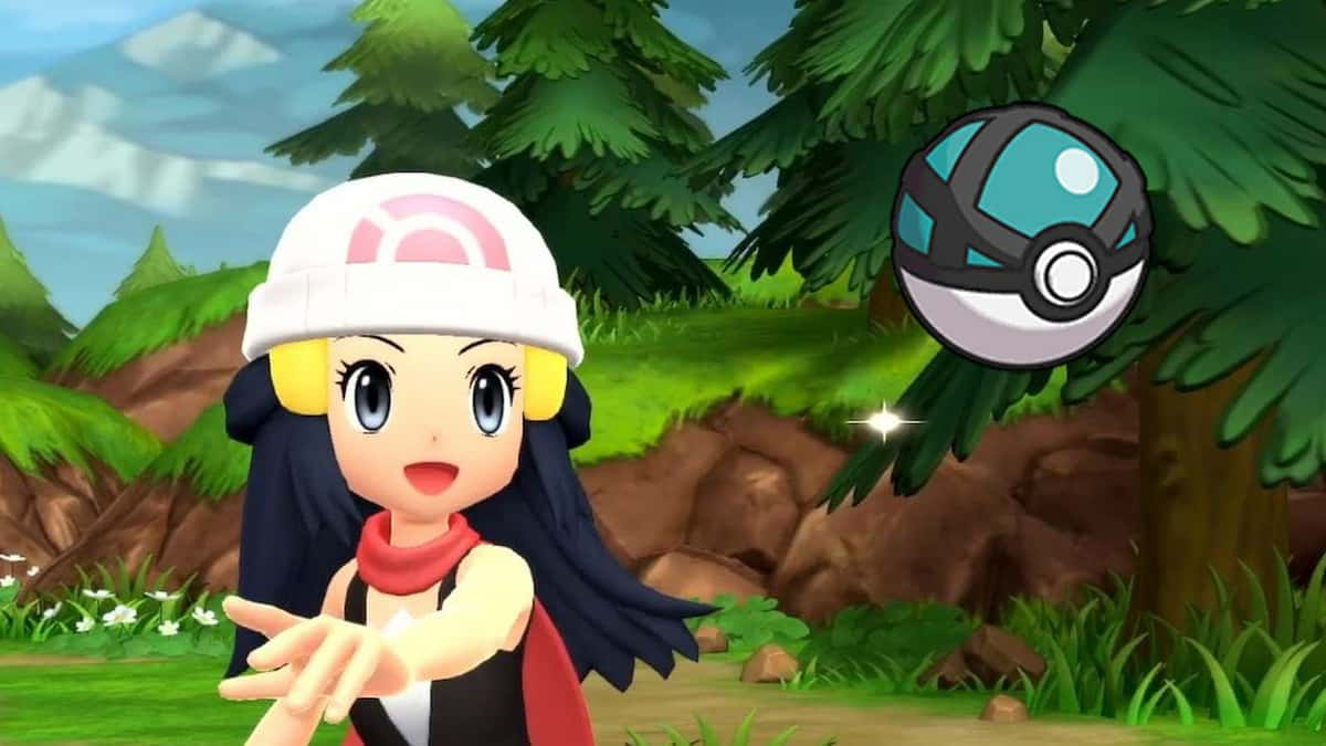 Dawn throwing a Net Ball in Pokemon Brilliant Diamond & Shining Pearl