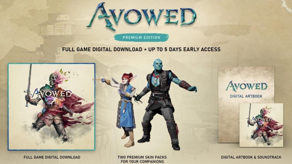 An image of Avowed's premium edition pre-order content.