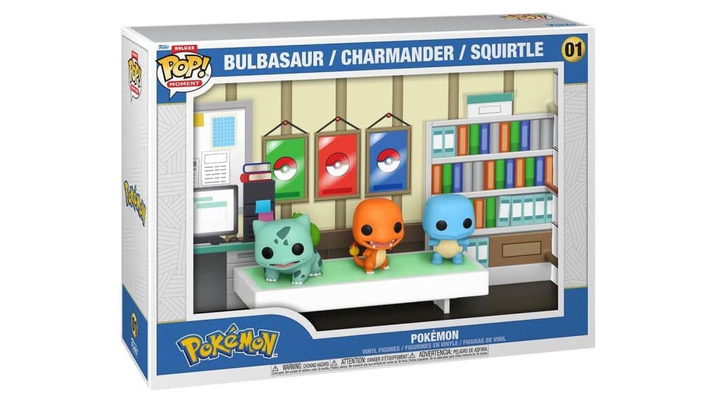 Funko Pop versions of Bulbasaur, Charmander, and Squirtle are all visible