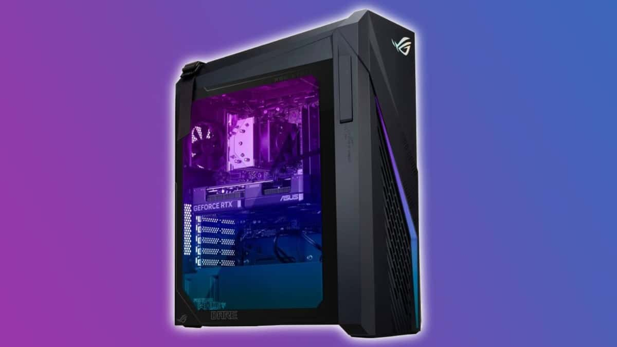 Image of the ASUS - ROG Gaming Desktop on a pink and purple background.