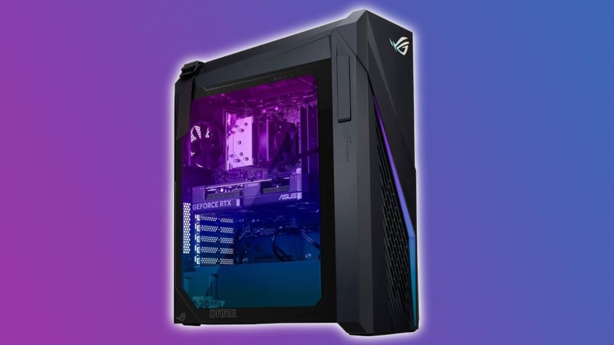 Image of the ASUS - ROG Gaming Desktop on a pink and purple background.