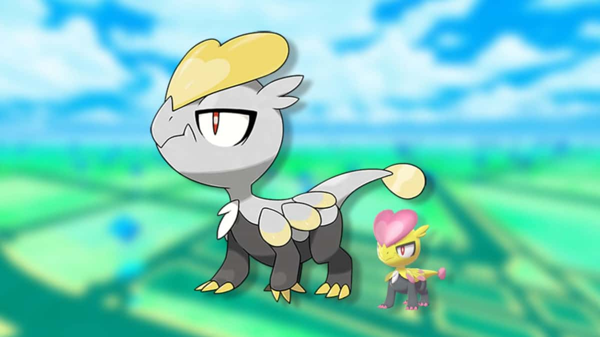 The Pokemon Jangmo-o and a shiny version are shown against a blurred background