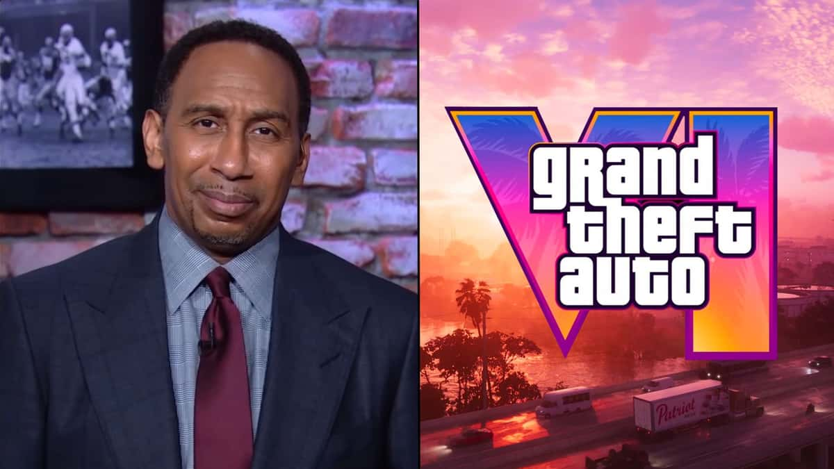 Stephen A Smith talking to camera next to GTA 6 logo