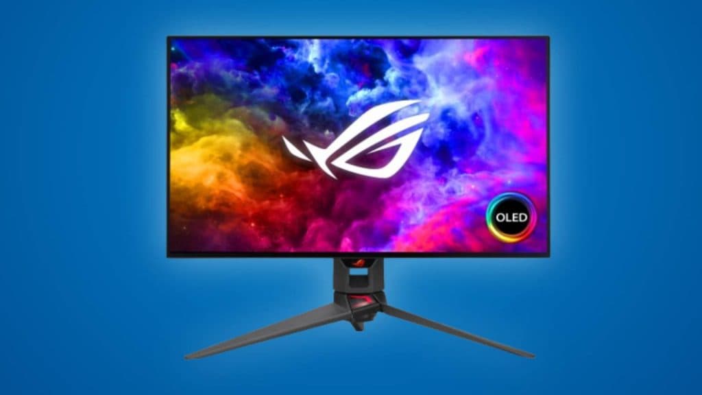 Image of the ROG Swift OLED PG27AQDM on a blue background.