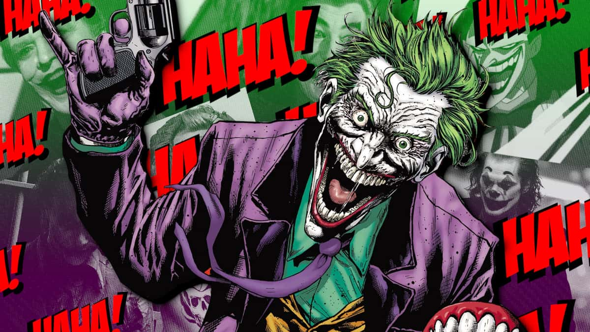 The Joker looks manic on a field of green and purple