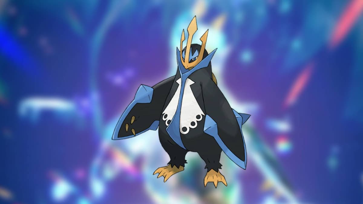 The Pokemon Empoleon is featured, a large intimidating Penguin with steel fins