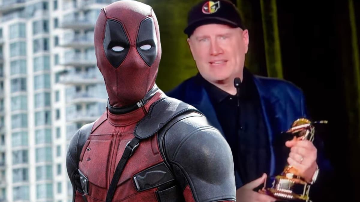 Deadpool and Kevin Feige wearing a Deadpool 3 hat