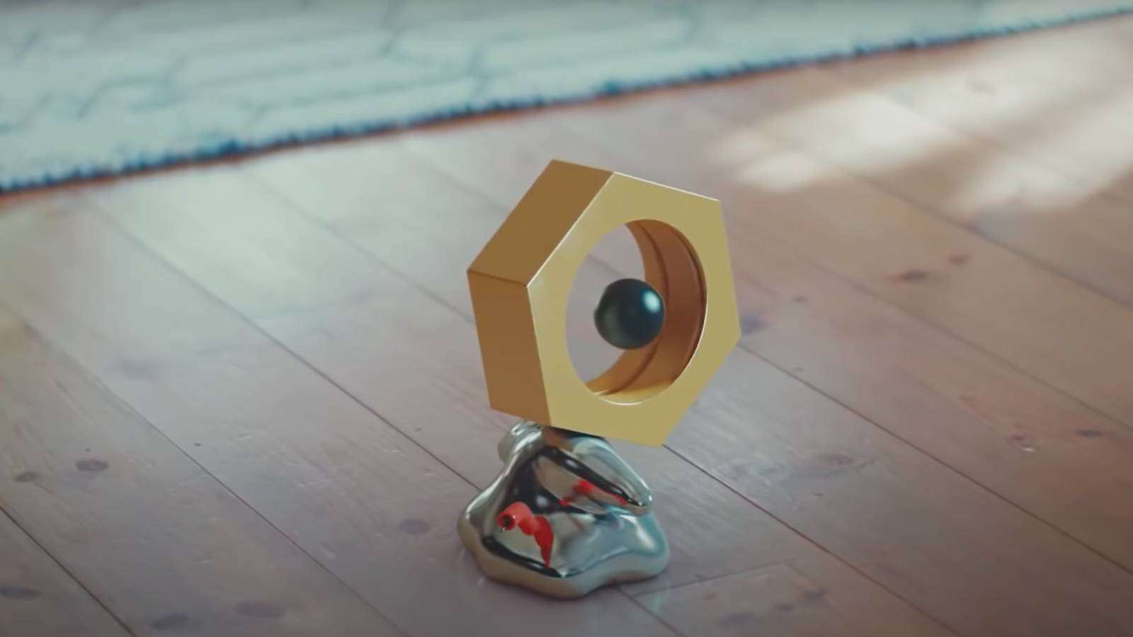 The Pokemon Meltan moves across a wooden floor