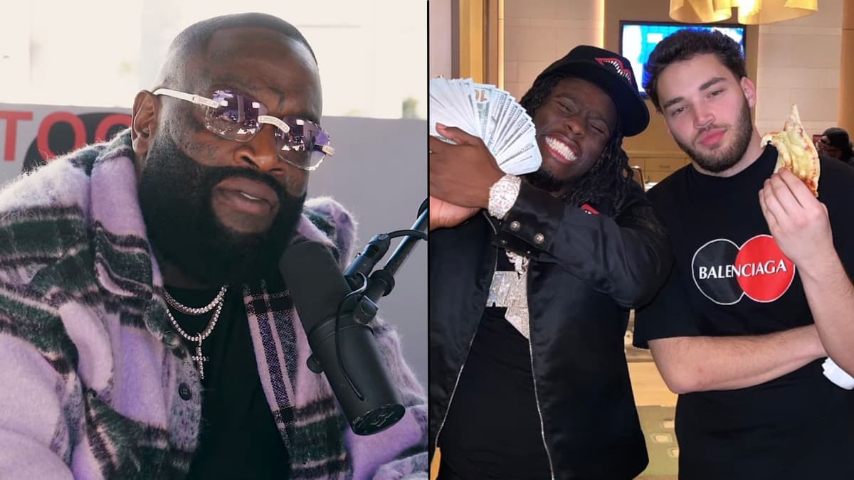 Rick Ross talking to camera alongside Adin Ross and Kai Cenat posing with money