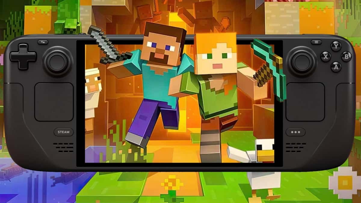 Keyart from Minecraft on the screen of the Steam Deck OLED.