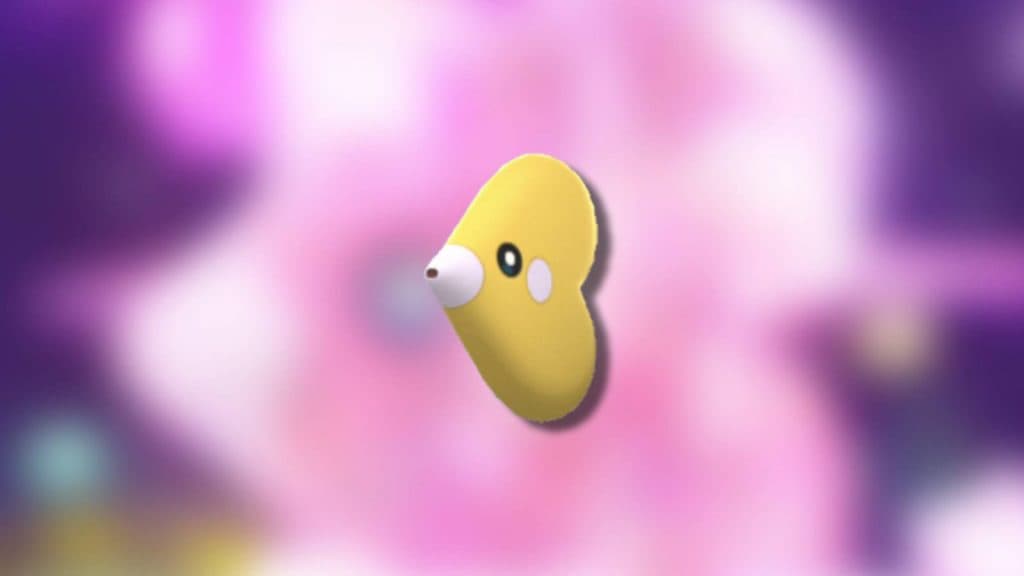 The Pokemon Luvdisc appears against a blurred background