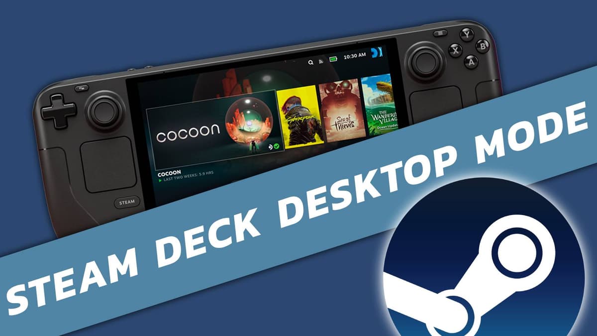 An image of the Steam Deck with a banner across it, and the Steam logo in the bottom right corner.