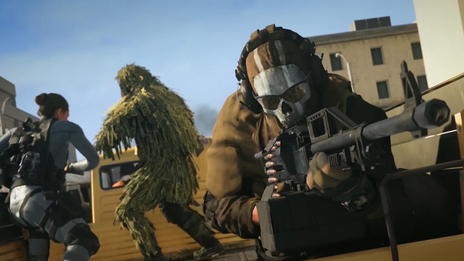 Warzone players with LMG shooting on truck with others dueling in background.