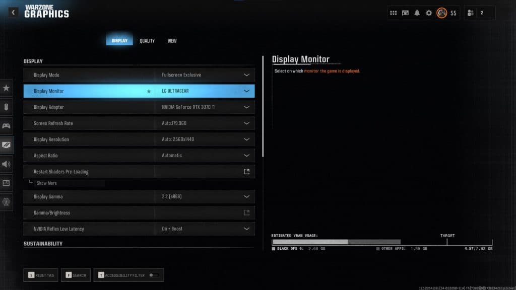 display screen of best warzone pc settings