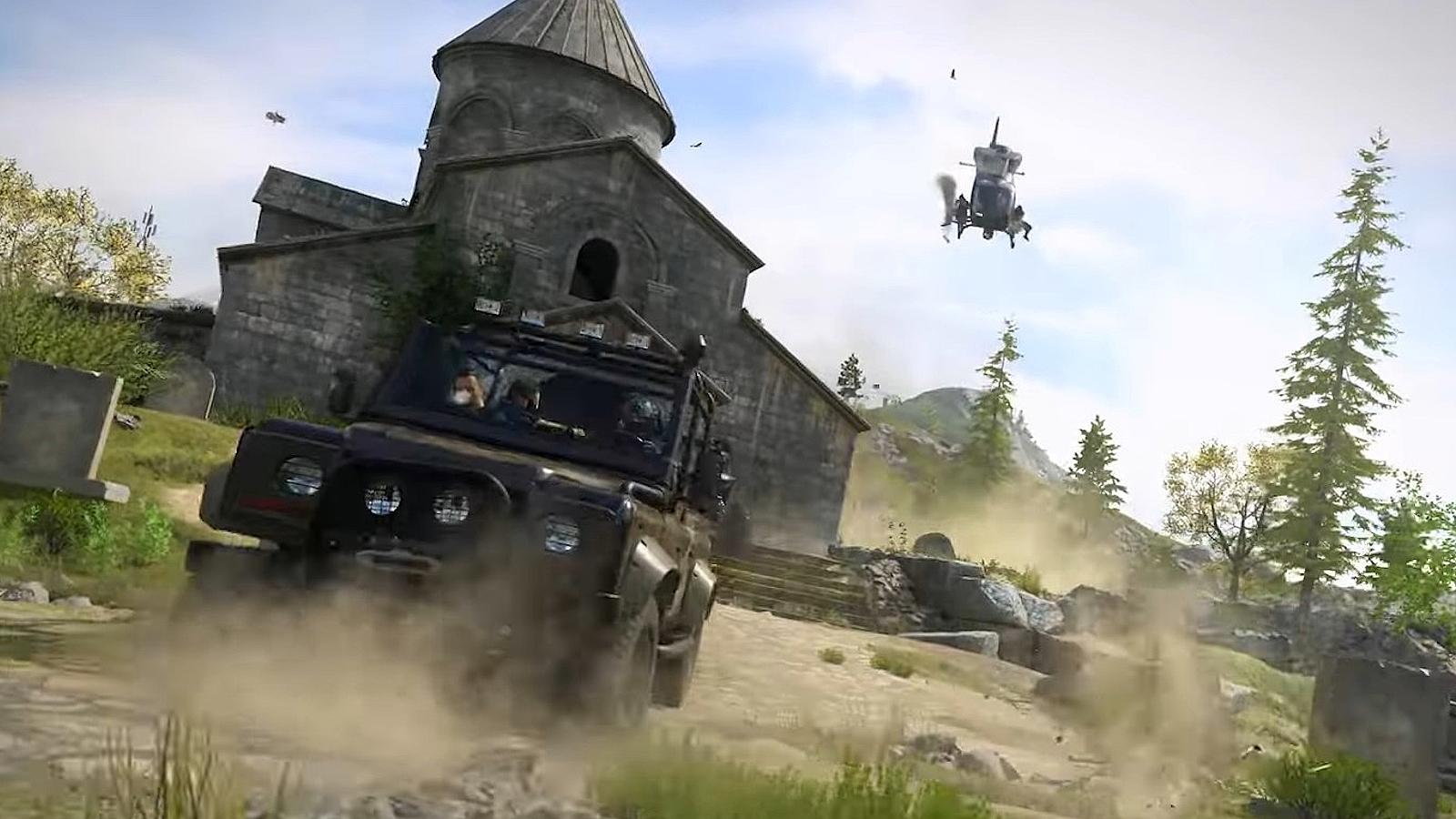 SUV driving away from attack helicopter in Call of Duty: Warzone.