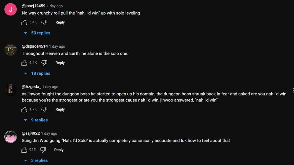 Solo Leveling YouTube comments