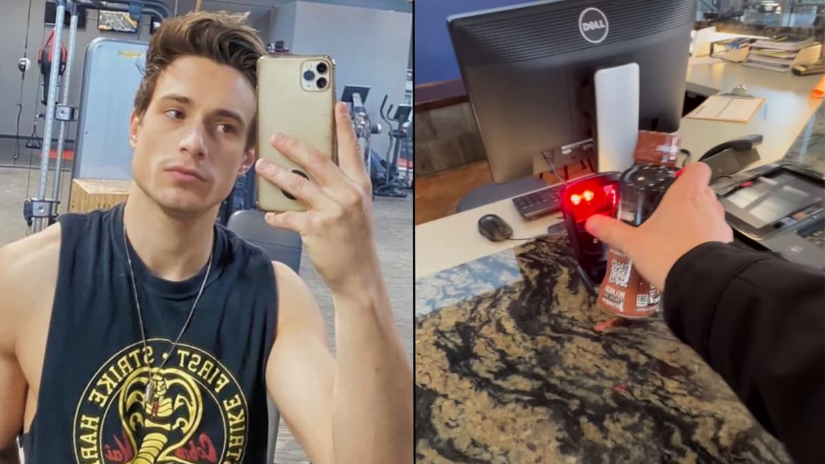 Man taking selfie alongside photo of drink being scanned