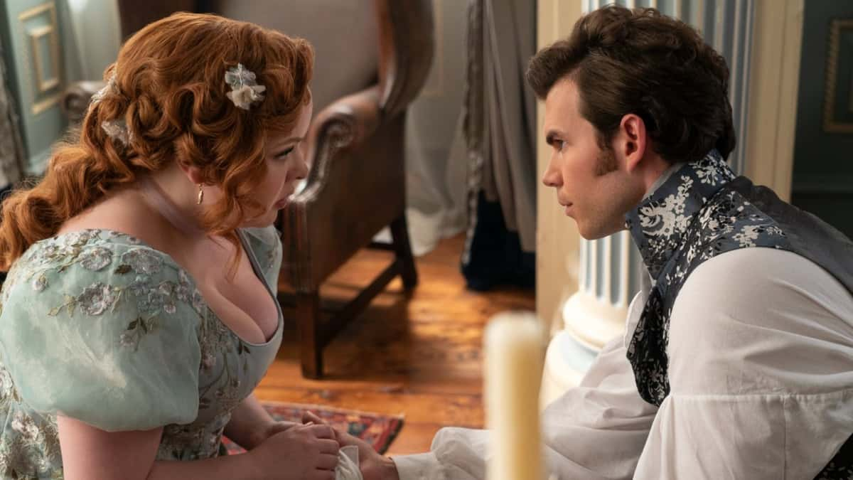 Penelope and Colin in Bridgerton Season 3 still image.