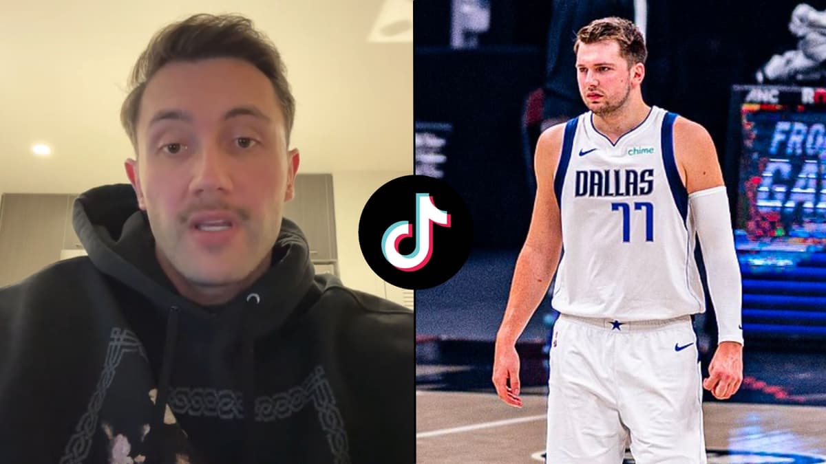 Man in black hoodie talking to camera alongside Luka Doncic in Dallas Mavericks jersey