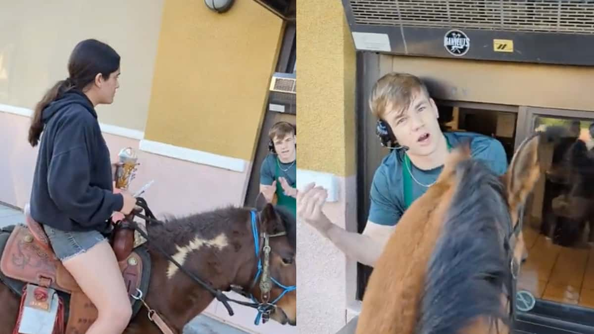 Woman rides horse through drive-thru