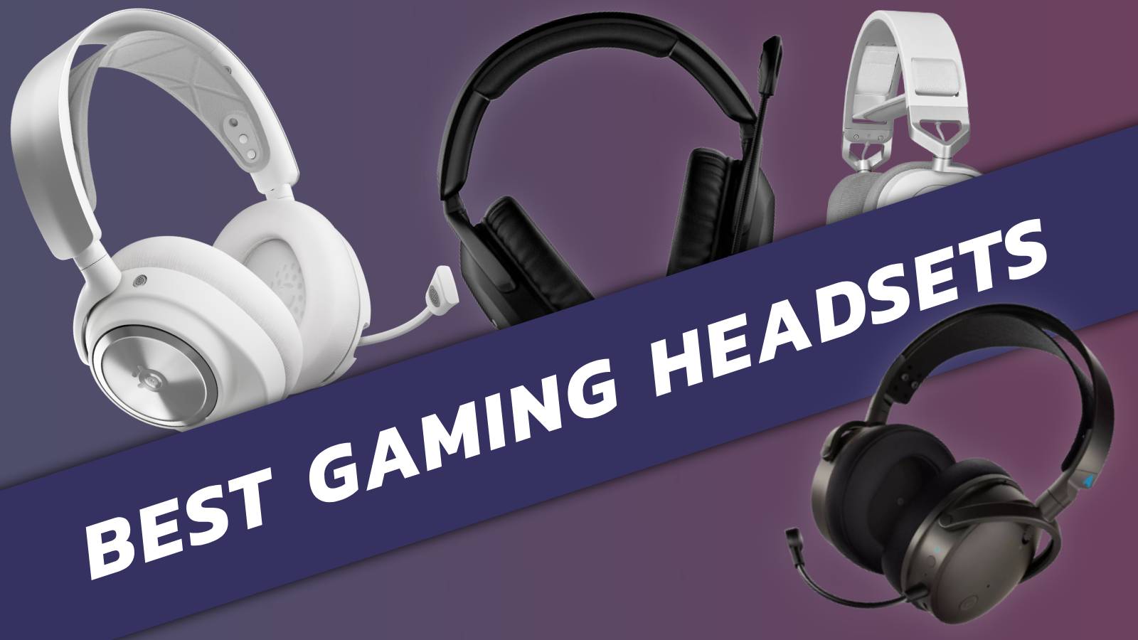 Image of four gaming headsets, on a dark purple background with a purple banner.