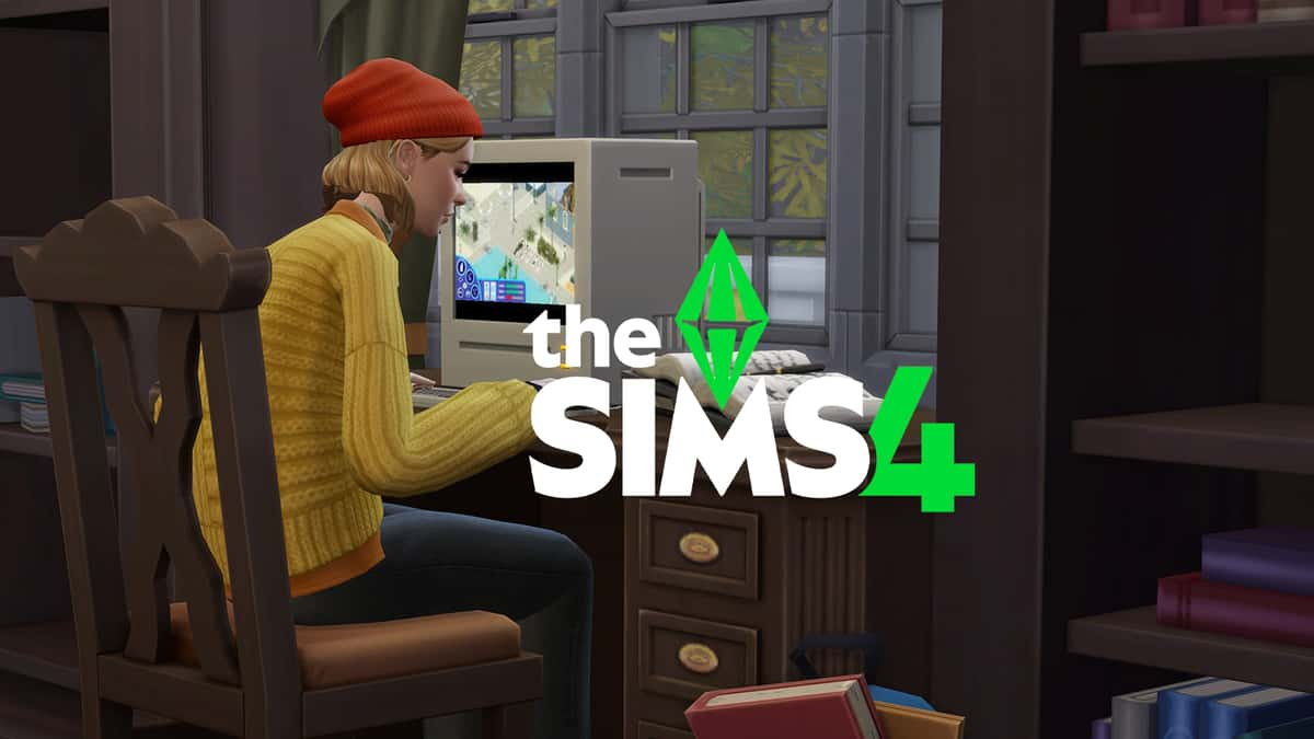 Image of The Sims 4 logo with a Sim playing a game on a PC