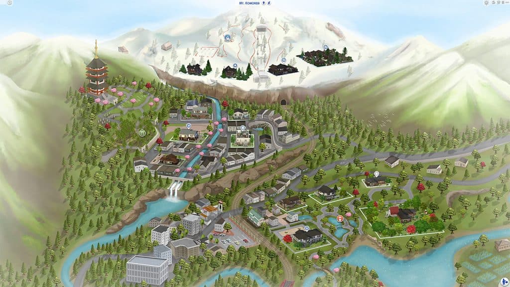 Image of a fanart map mod of Mt. Komorebi in The Sims 4