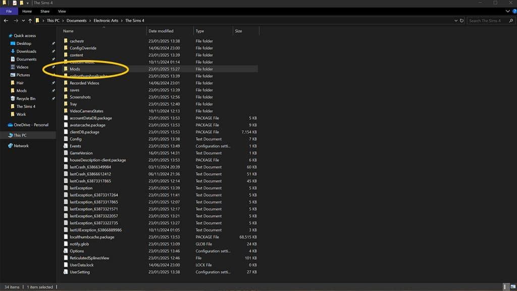 Image of The Sims 4 mod folder location