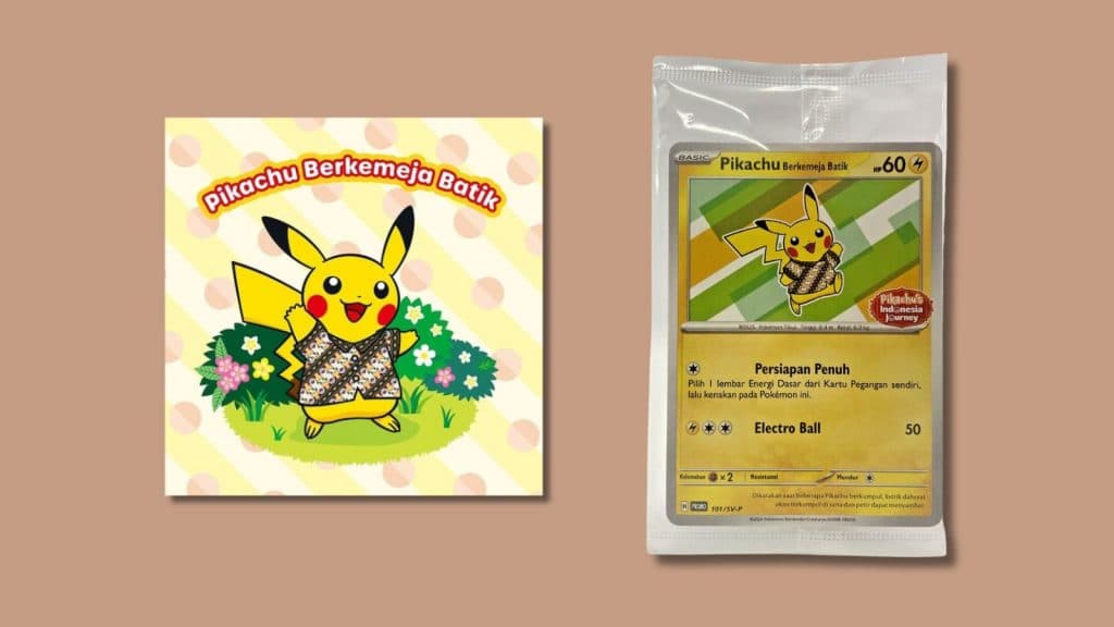 Pikachu in Batik Shirt promo card and logo