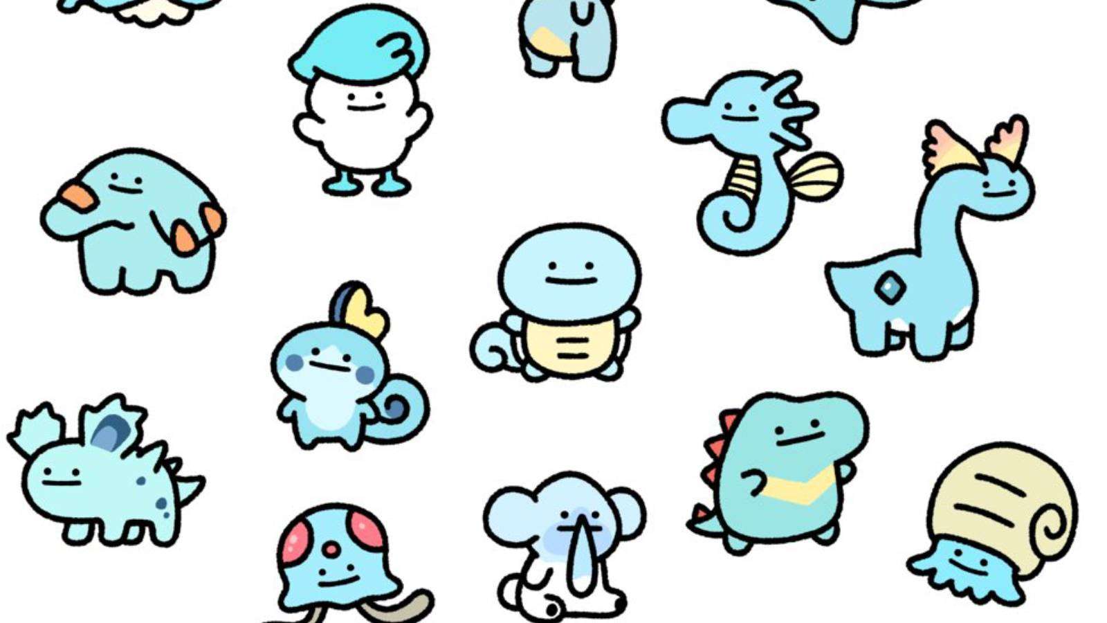 Art from USGMEN shows several different water Pokemon but with the distinctive Ditto face