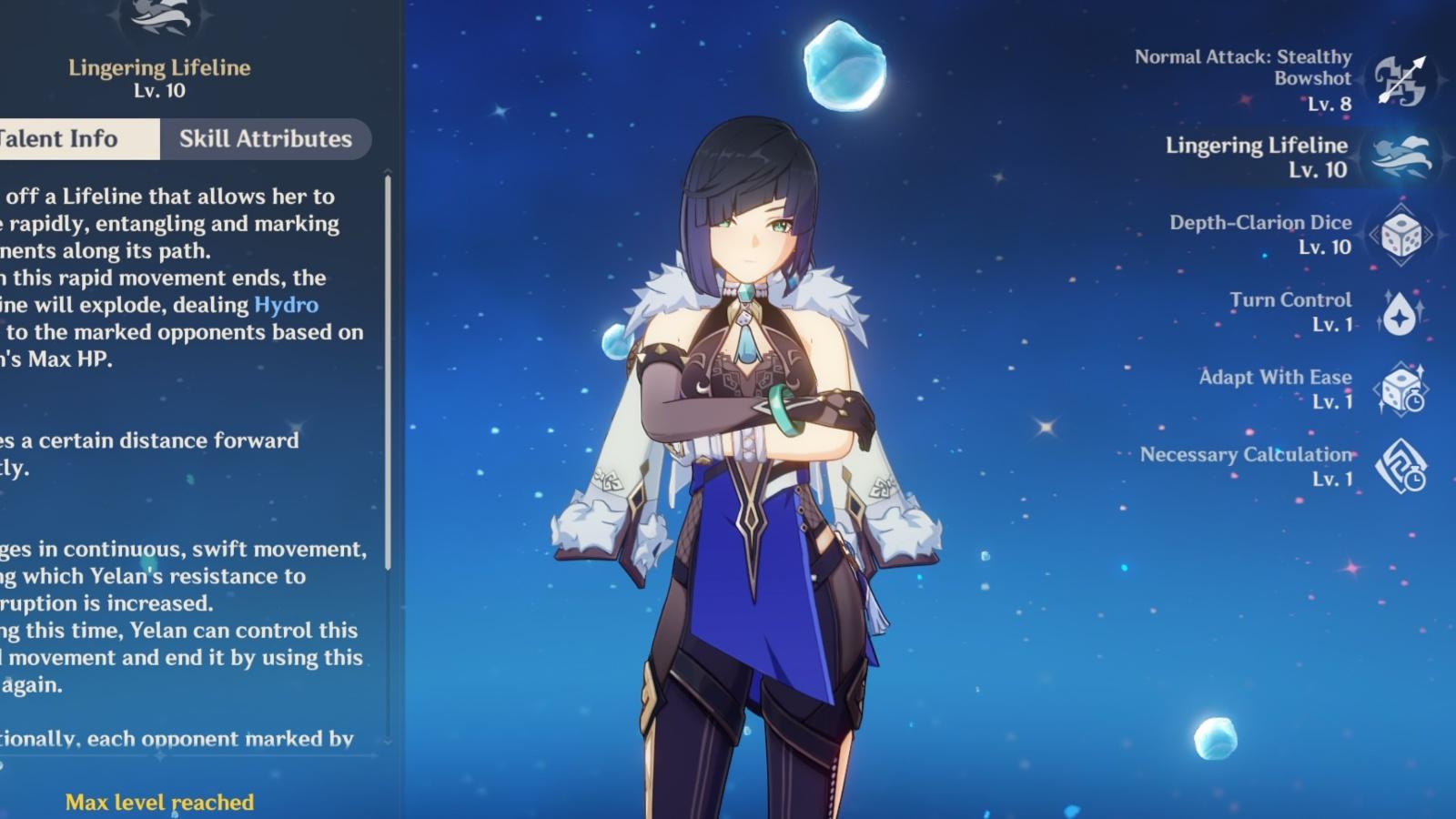 A screenshot of Yelan's abilties in Genshin Impact