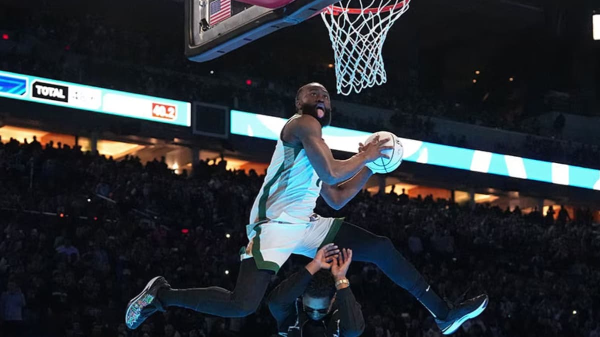 Jaylen Brown performing in the 2024 NBA Dunk Contest