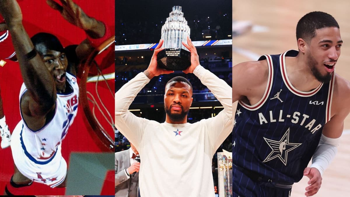 Michael Jordan (left) in the 1988 NBA All-Star Game and Damian Lillard (center) and Tyrese Haliburton (right) in the 2024 NBA All-Star Game.