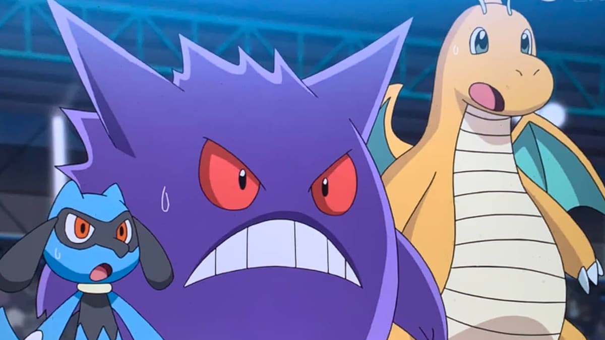 Riolu, Gengar, and Dragonite looking shocked