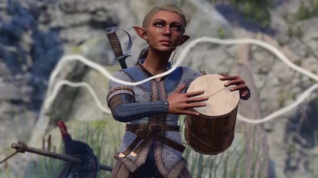 A gnome bard playing a drum in Baldur's Gate 3