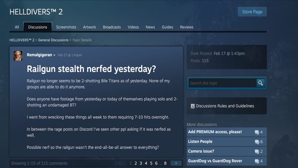 Helldivers 2 comment about Railgun nerf on Steam