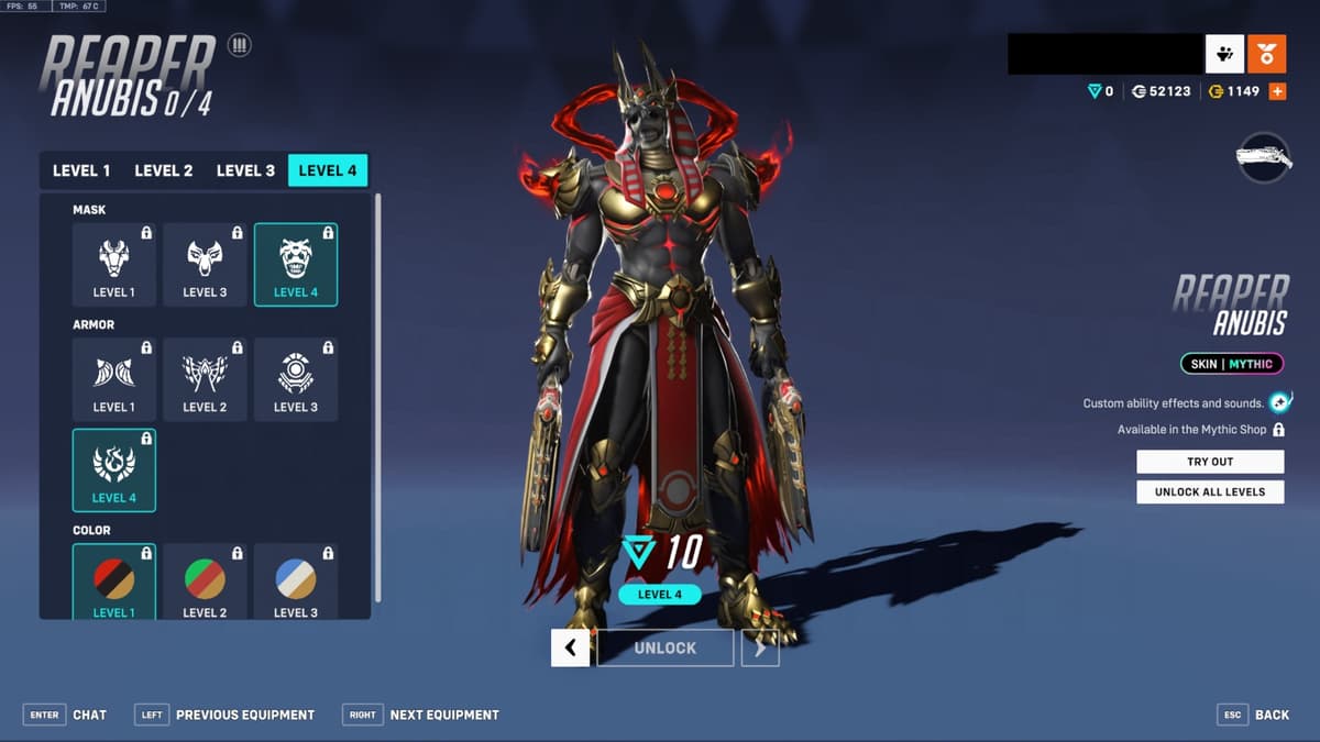 A screenshot featuring the Anubis Reaper Mythic skin in Overwatch 2.