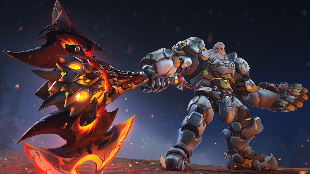 A screenshot featuring the bound demon Reinhardt mythic weapon skin in Overwatch 2.