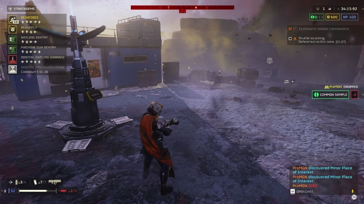 A screenshot of Helldivers 2 gameplay including the Reinforce code.