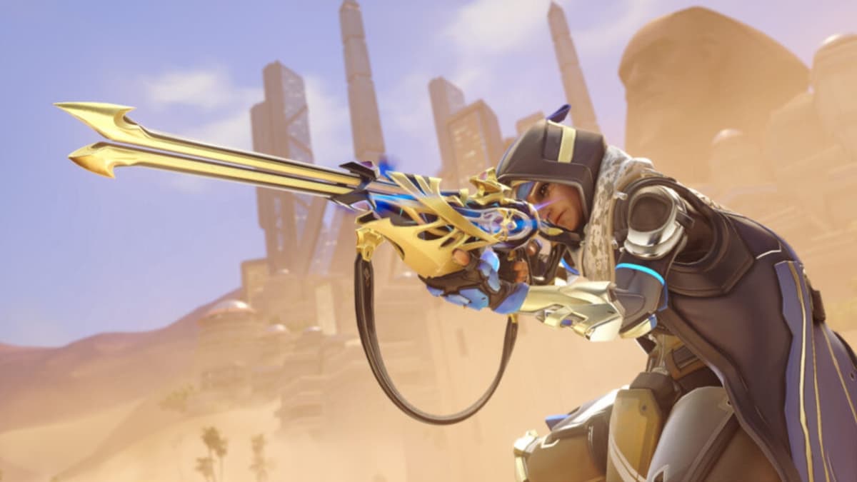 A screenshot featuring the Midnight Sun Ana mythic weapon skin in Overwatch 2.