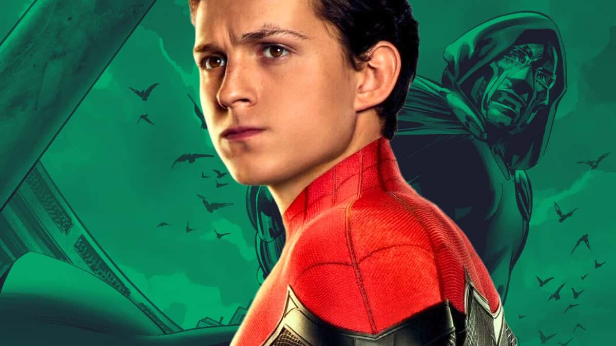 Tom Holland as Spider-Man in front of Doctor Doom.