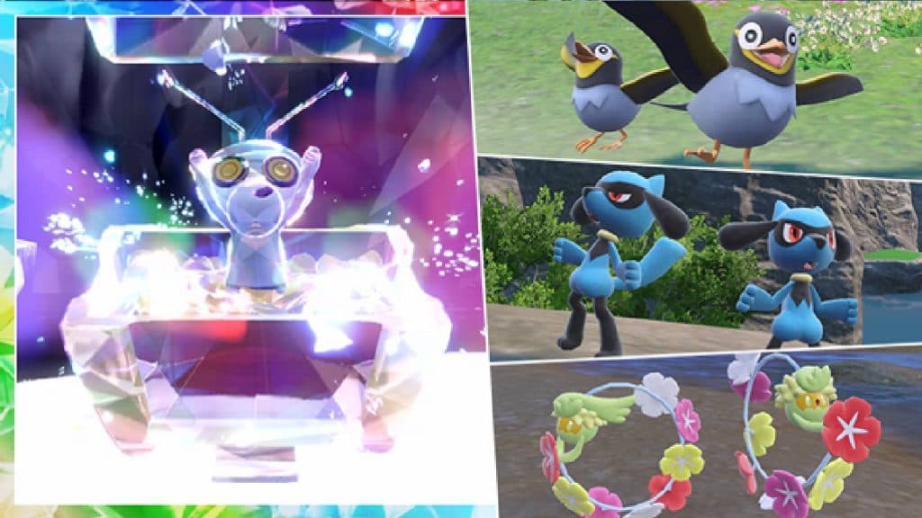 A screenshot from Pokemon Scarlet & Violet shows Gimmighoul, Riolu, Wattrel, and Comfey