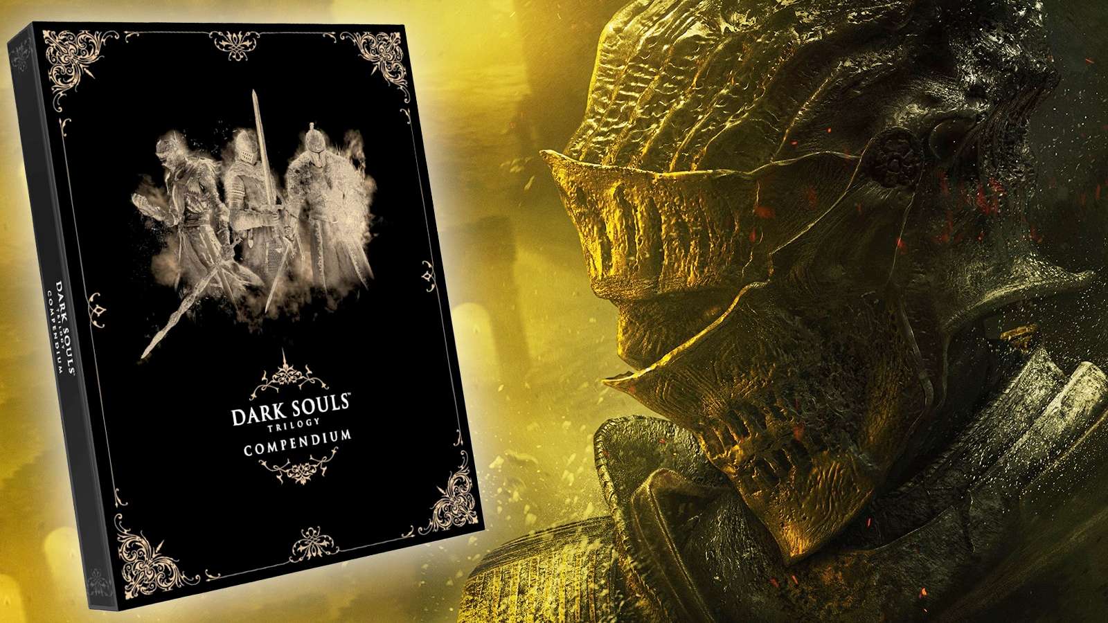 dark souls 3 key art with the compendium next to warrior's head